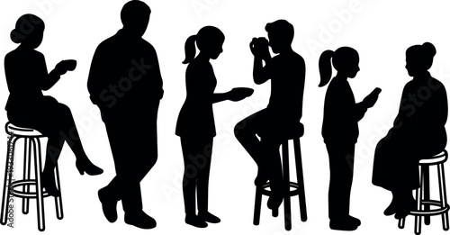 Minimalist silhouette vector of people sitting and standing on bar stools drinking using smart phones and chatting side view scene