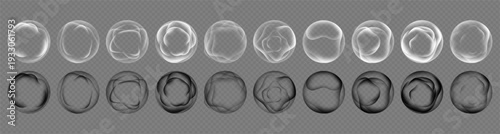 Monochrome liquid 3D spheres with glow and gradient transition. Vector isolated flowing structure surface set. Digital art and branding element, poster accent and conceptual design project