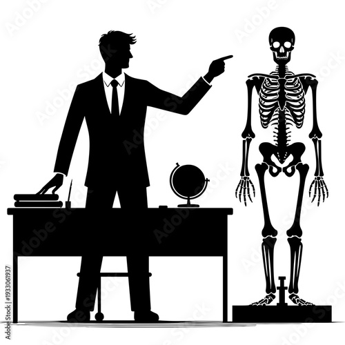 Man pointing next to skeleton in office setting