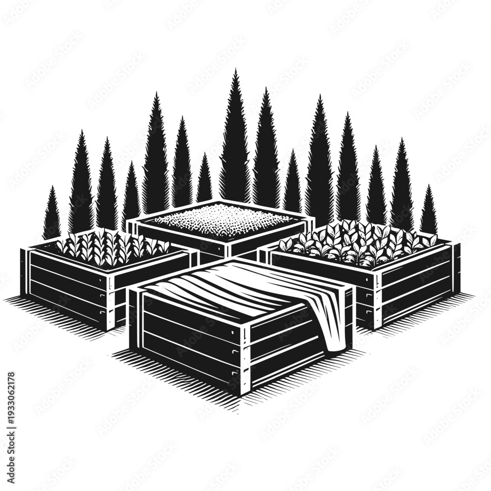 Obraz premium Elevated garden beds illustration in black-white woodcut style