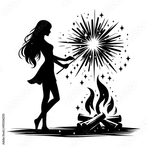 Witch casting spark magic over fire, mystical night scene