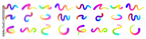 Abstract gradient brush swirls set. Vector isolated flowing curved strokes with soft blur. Digital design, branding asset and poster accent, decorative graphic element and creative visual project