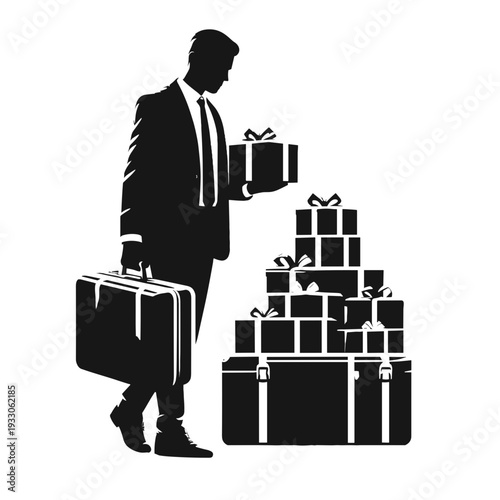 Man carrying gift boxes with luggage, holiday-themed illustration