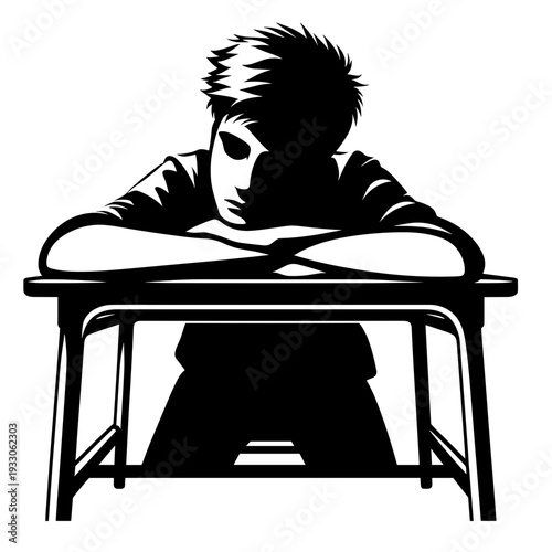 A person with spiky hair resting head on arms, feeling tired at a desk