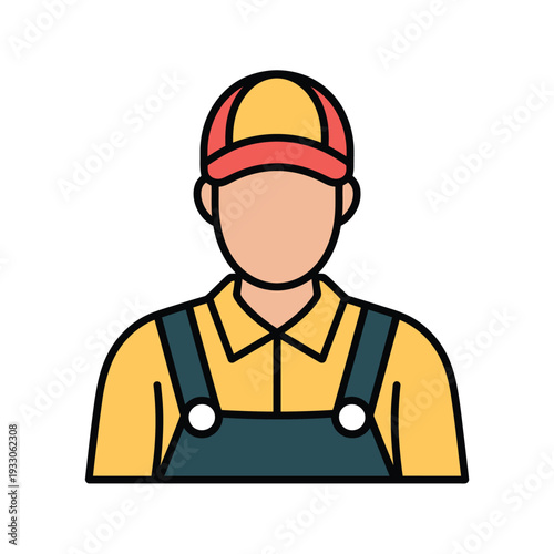 Construction worker in yellow and red hard hat with green overalls stands confidently ready for work