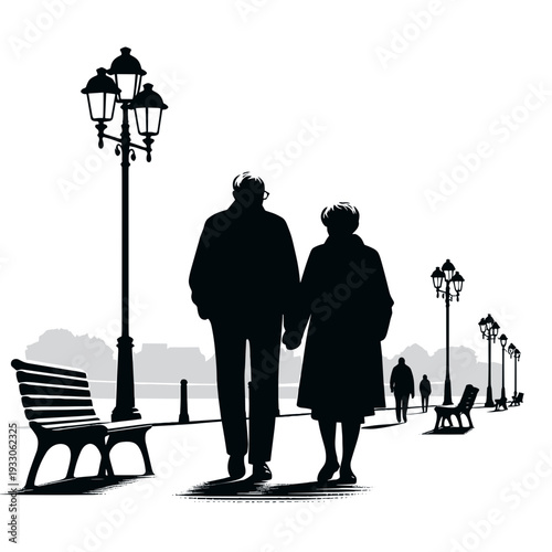 Couple walking hand-in-hand along waterfront park at dusk