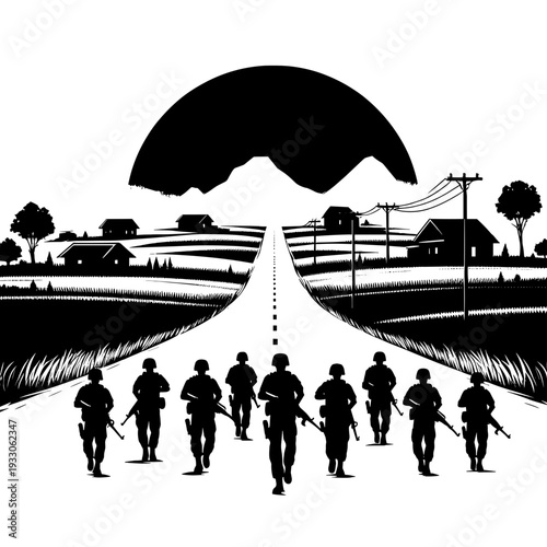 Soldiers with rifles marching in rural landscape