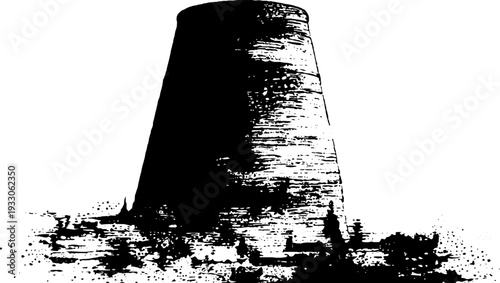 Brutalist concrete ring tower silhouette in high contrast black and white