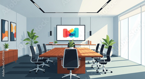 Modern conference room with large table and chairs for meetings and presentations.