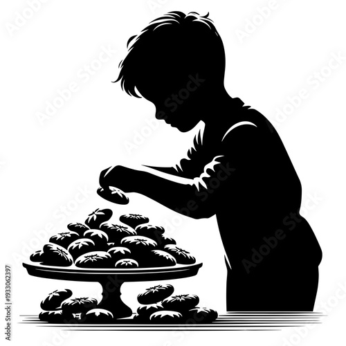 Child reaching for pastries on tiered tray, black silhouette
