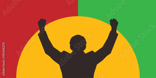 Black background with silhouettes of people and shapes in red, yellow, and green. Freedom and Black History Month