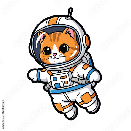 Astronaut cat in white spacesuit floating in space, viewed from front, graphic illustration