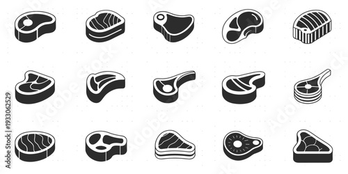 Flat vector illustration of assorted meat cuts icons including steak, ribeye, T‑bone, poultry, fish, arranged in culinary grid design