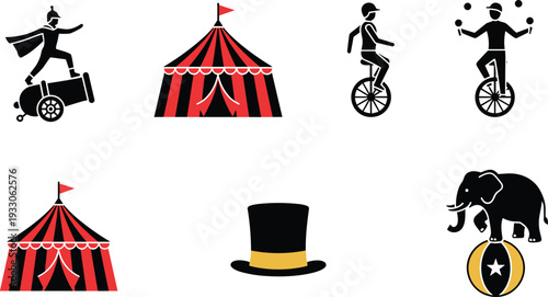 
Circus icons set, performer cannon, striped tent, unicycle rider, juggling act, elephant balancing, top hat, entertainment, carnival, festival, show
