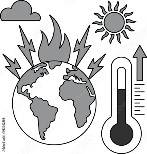 Flat vector illustration of Earth globe with flames, thermometer, lightning bolts, sun rays, cloud, symbolizing global warming climate change impact