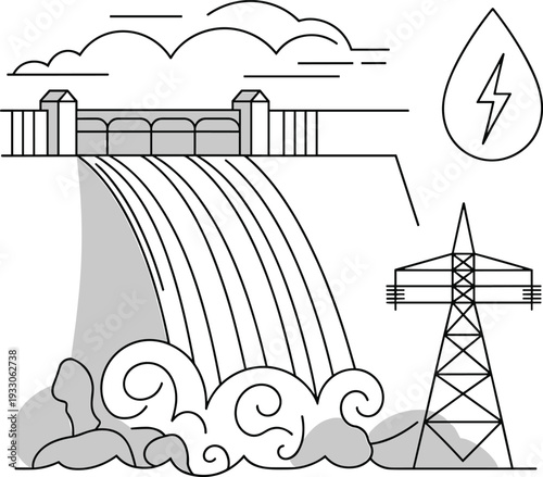 Flat vector illustration of hydroelectric dam generating renewable energy with water flow, electricity transmission tower, eco power droplet symbol