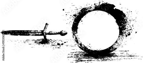 Dramatic high contrast ink drawing of dagger and broken halo