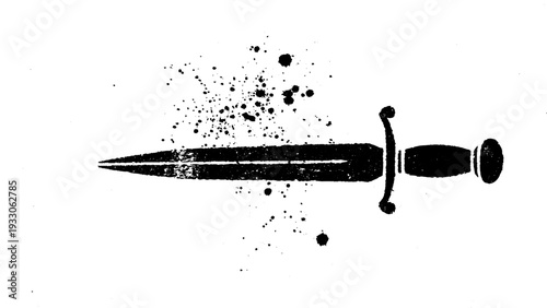 Dagger with ink splash in high contrast black and white design for posters and prints
