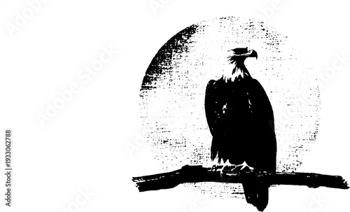 Majestic eagle silhouette with abstract circle in black and white ink design