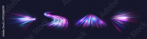 Neon trajectory background set. Vector glowing energy particles and fast motion trails. Radiant light curves in motion. Abstract digital backdrops. Acceleration, force and dynamic transmission