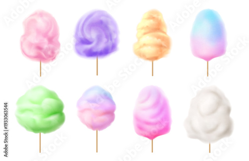 Cotton candy collection. Vector candyflosses with fluffy airy texture. Sweet confections in cloud form with fiber detail and transparent structure. Festive dessert for fair, carnival mood