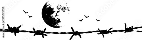 Moonlit scene with barbed wire and birds in black and white ink design