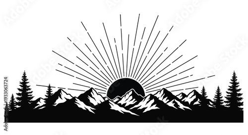 Mountain range and sunburst design a striking black silhouette