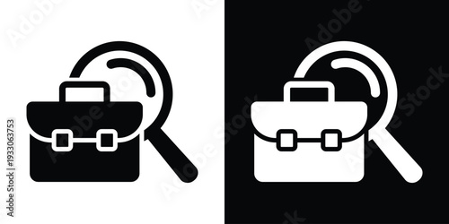 Flat professional briefcase icon with a magnifying glass. Minimalist vector symbol for job search, recruitment, and career discovery. Black and white versions included.