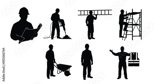 Construction workers in various poses depicted as a black silhouette