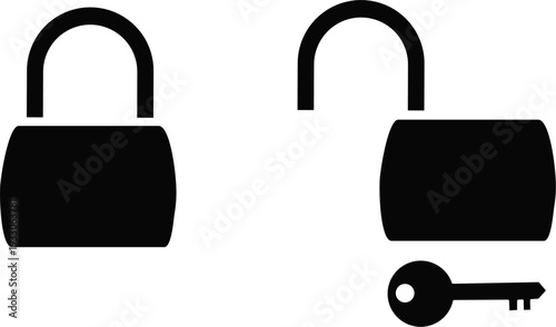 Padlock locked and unlocked set. Black minimalist security icon