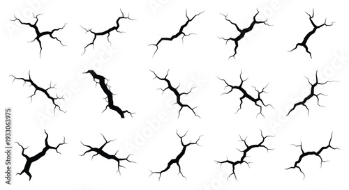 Collection of abstract cracked shapes against a white background silhouette