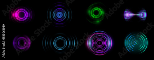 Circular soundwaves set. Vector waveforms radiating from central core with gradient glow. Digital elements collection in pulse motion. Wireless signal, audio vibration and data transmission