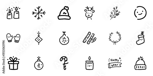 Christmas And Winter Holiday Icon Set In Doodle Style. Festive Season, Celebration, And Joyful Elements Outline Sketch Collection. Hand Drawn Isolated Vector Illustration