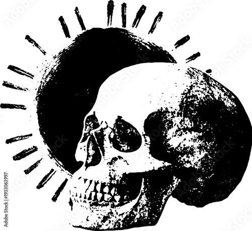 Gothic skull with spiked halo in high contrast black and white ink drawing