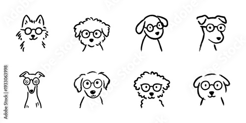 Dog Faces With Glasses Line Icon Set In Doodle Style. Cute Canine Characters Wearing Eyewear Outline Sketch Collection. Playful And Whimsical Pet Illustrations. Hand Drawn Isolated Vector Illustration