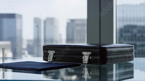 Wallpaper Mural Briefcase and folder on glasstopped table in modern city office Torontodigital.ca