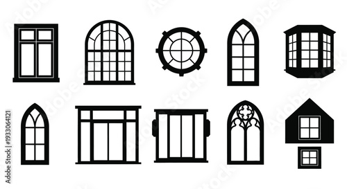 Collection of various black window frame designs in a stark silhouette