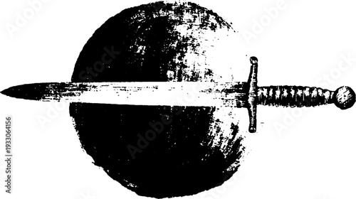 High contrast sword and thorn circle ink design for prints and posters