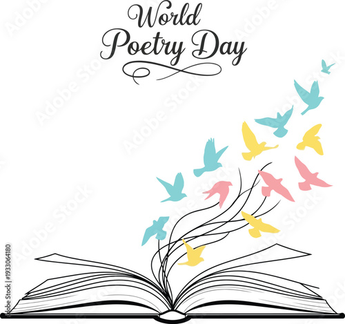 World Poetry Day illustration with open book and colorful flying birds on white background