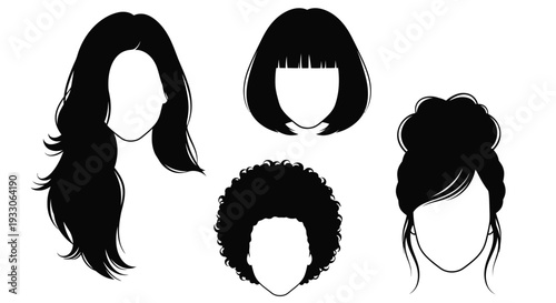 Diverse hairstyles shown as black shapes against a white background silhouette