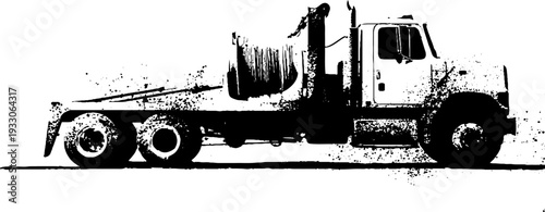 Tow truck winch and drum in frosty stencil style for industrial design