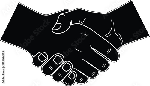 Close-up silhouette view of two hands grasping each other tightly in a strong, contrasting black and white handshake gesture.