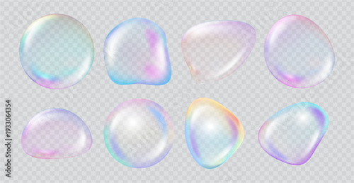 Soap bubbles set. Vector realistic gradient sphere compositions with surface reflection. Globule shapes with light refraction and glossy texture. Banner, presentation and creative layout use
