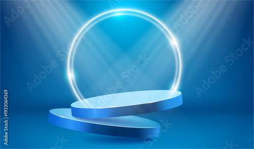 Podium with floating stage and glowing circular halo behind. Vector 3D platform with spotlight beams. Background for product presentation, branding or cosmetic display. Scene with soft light effect