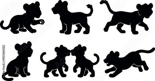 Flat silhouette vector lion cub set showing playful walking running sitting and interacting poses in simple black shapes studio layout
