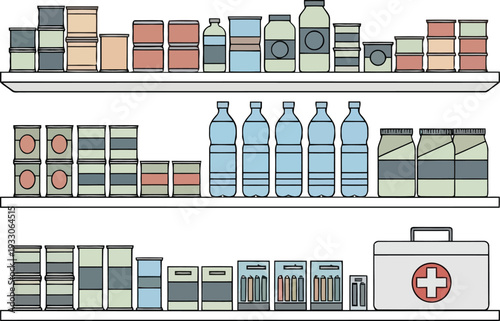 Emergency Preparedness Supplies on Shelves with Water, Canned Food, and First Aid Kit Illustration