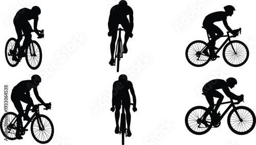 Cyclist silhouettes, road cycling sport, racing bicycle posture, fitness exercise illustration, aerodynamic riding positions, black silhouette art, athletic competition, speed motion