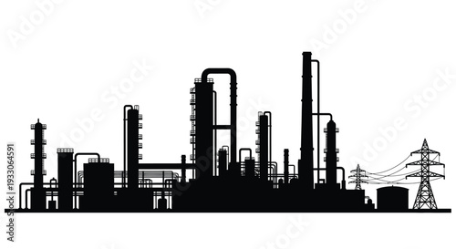 Industrial complex skyline with towers and power lines a stark silhouette