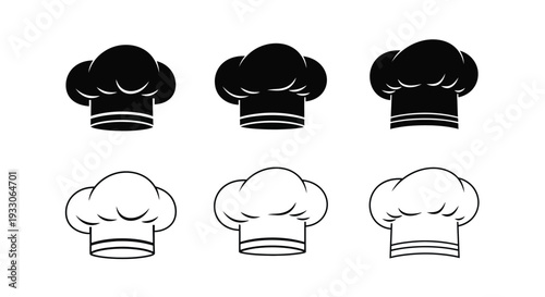Three black chef hats and three white outlines a culinary silhouette