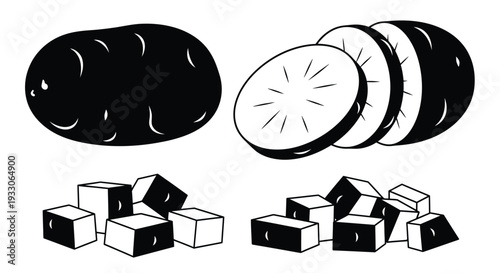 Potatoes in various forms including whole sliced and diced silhouette